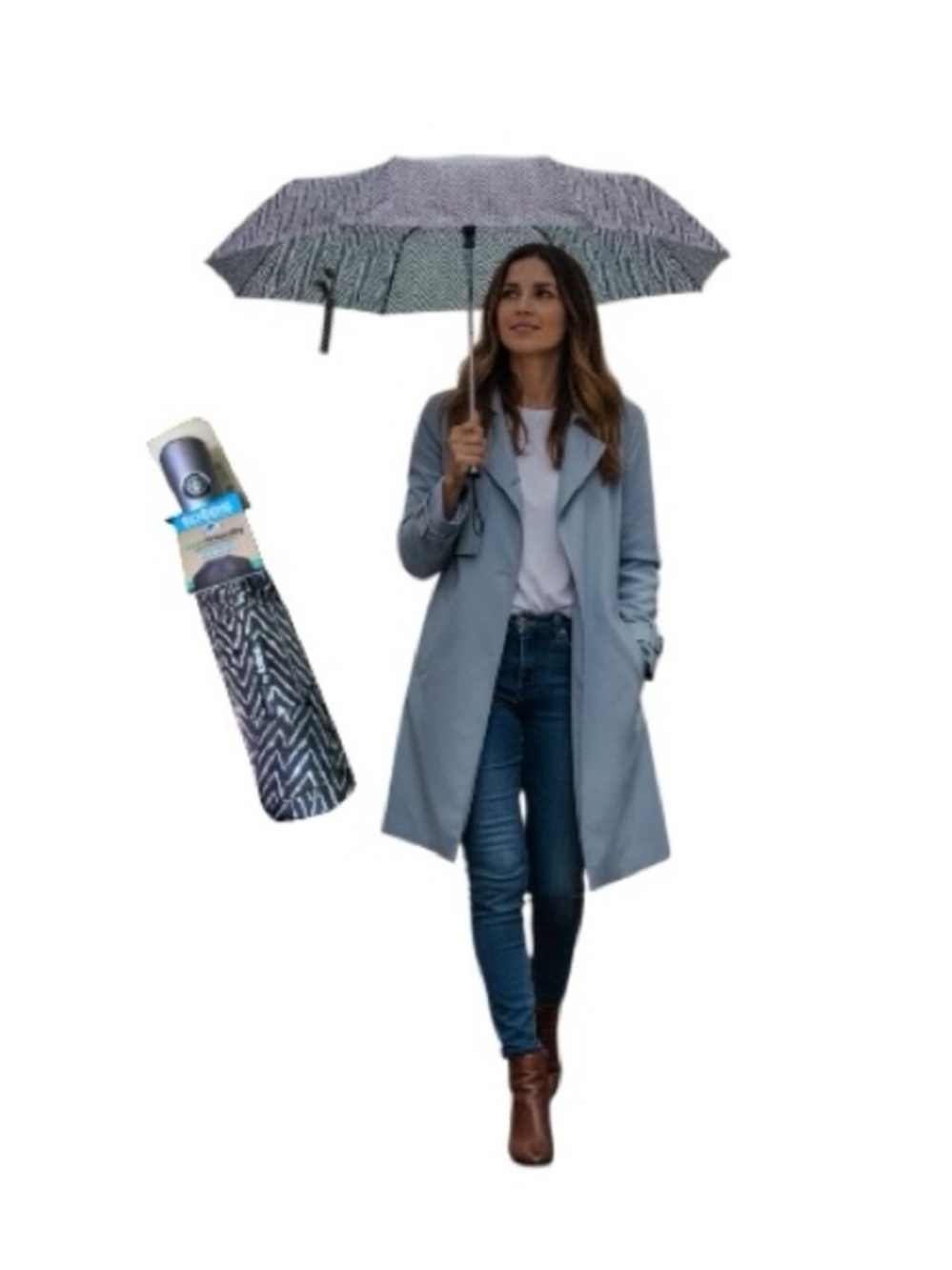 totes Chevron One Touch Auto Open Close Umbrella With Sunguard